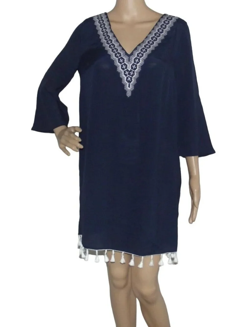 Kona Sol Swim Cover Up Dress Size Small Navy Embroidered Tassel Trim tunic top
